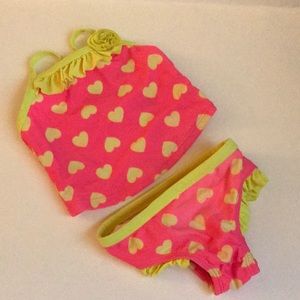 OP Ocean Pacific Neon Pink With Neon Yellow Hearts Adorable 3-6 Months
